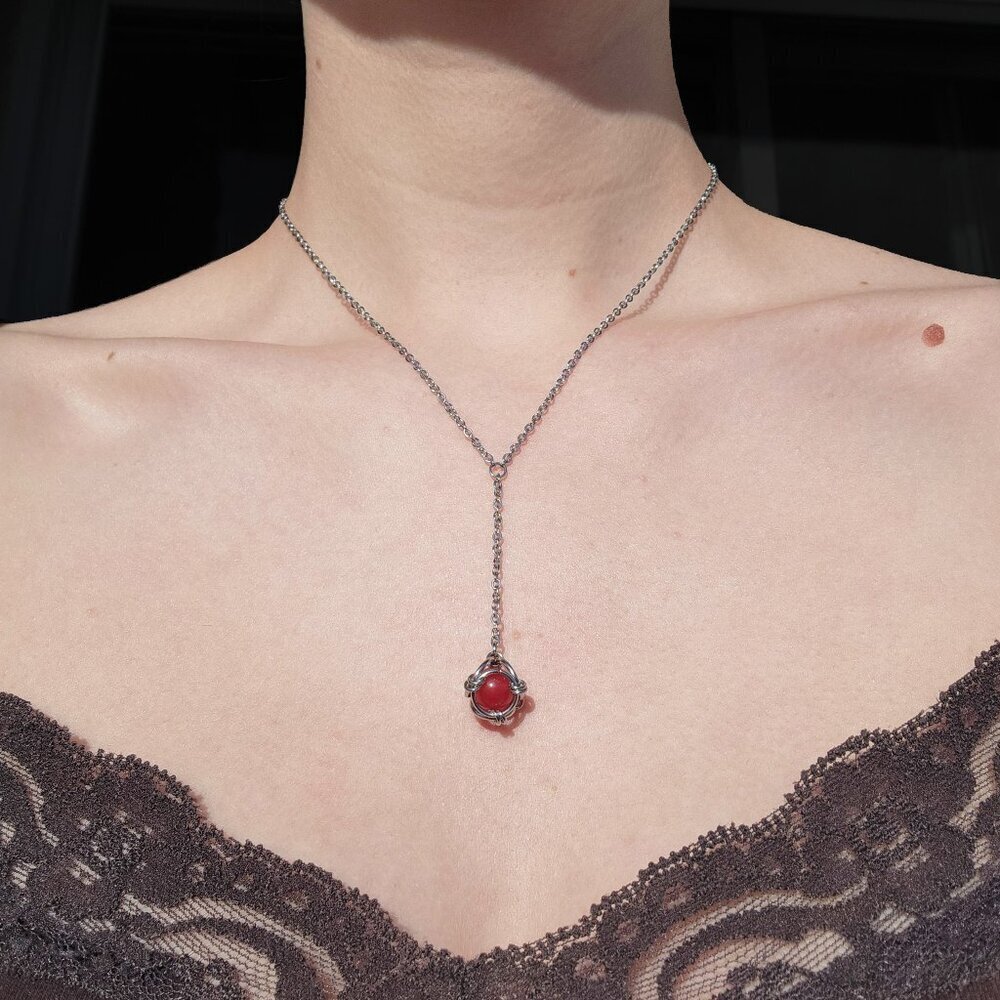 Antique style red and silver rosary necklace